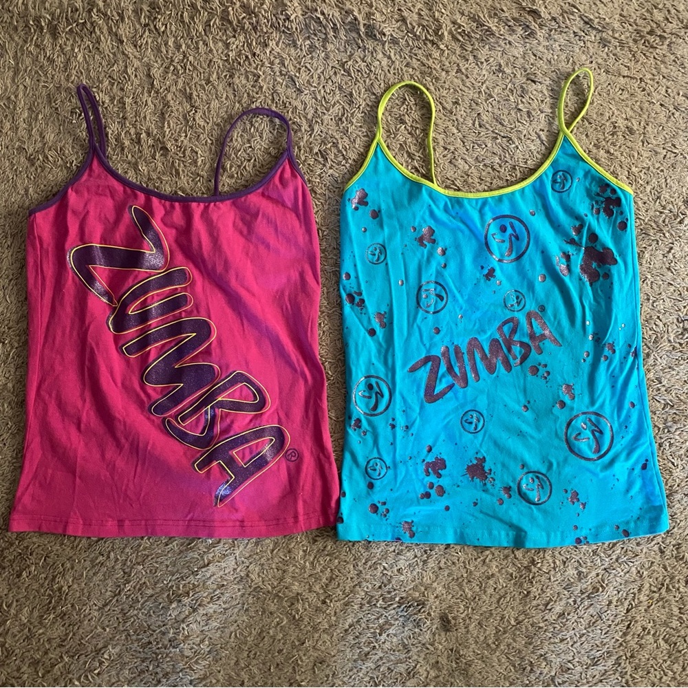 2 ZUMBA Pink & Blue FITNESS TANKS TOPS SIZE M MEDIUM workout Exercise Gym Active